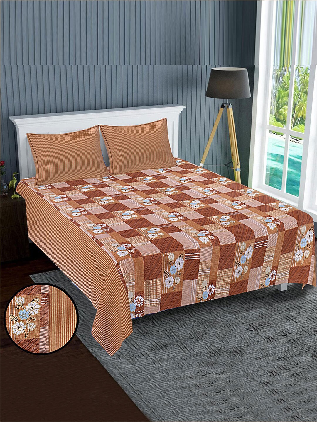 

Kuber Industries Brown & White Floral 120 TC Cotton King Bedsheet With 2 Pillow Covers