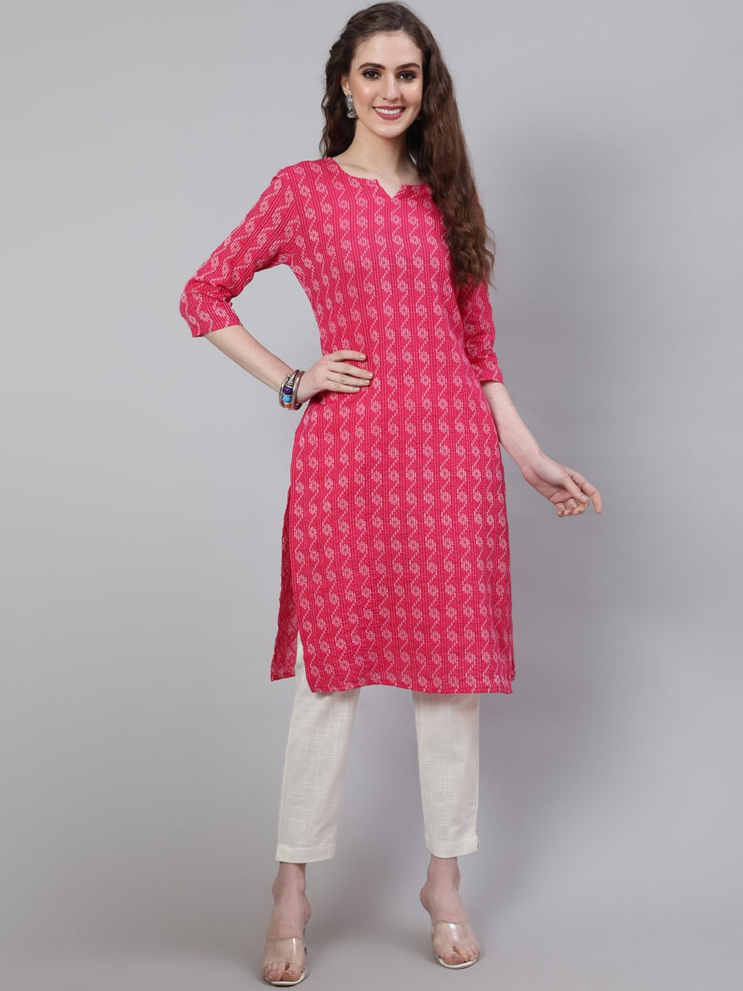 

AKIMIA Geometric Woven Design Pure Cotton Kurta, Pink