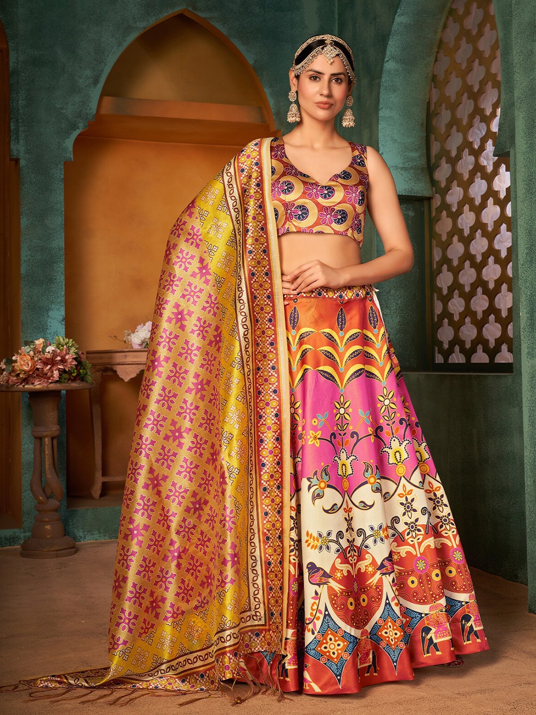 

ODETTE Printed Semi-Stitched Lehenga & Unstitched Blouse With Dupatta, Yellow