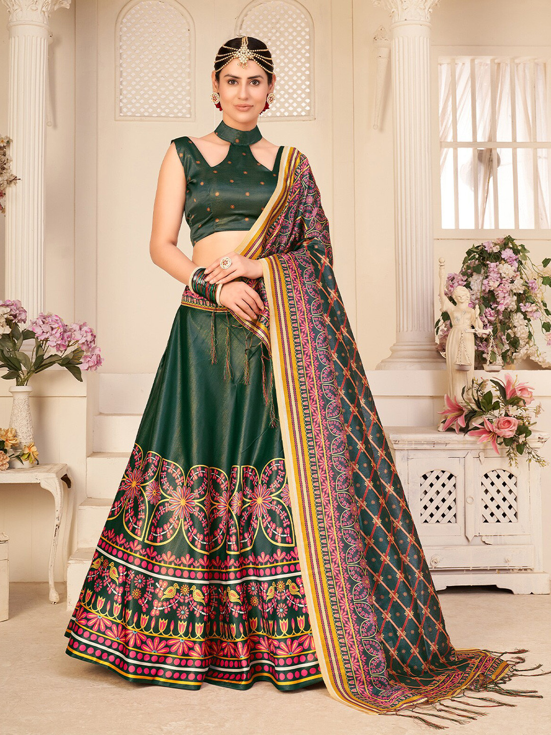 

ODETTE Printed Semi-Stitched Lehenga & Unstitched Blouse With Dupatta, Green