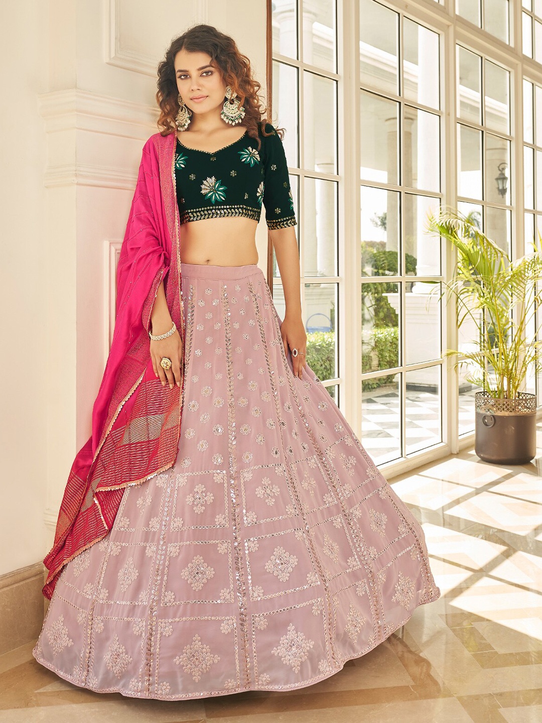 

ODETTE Embroidered Semi-Stitched Lehenga & Unstitched Blouse With Dupatta, Pink