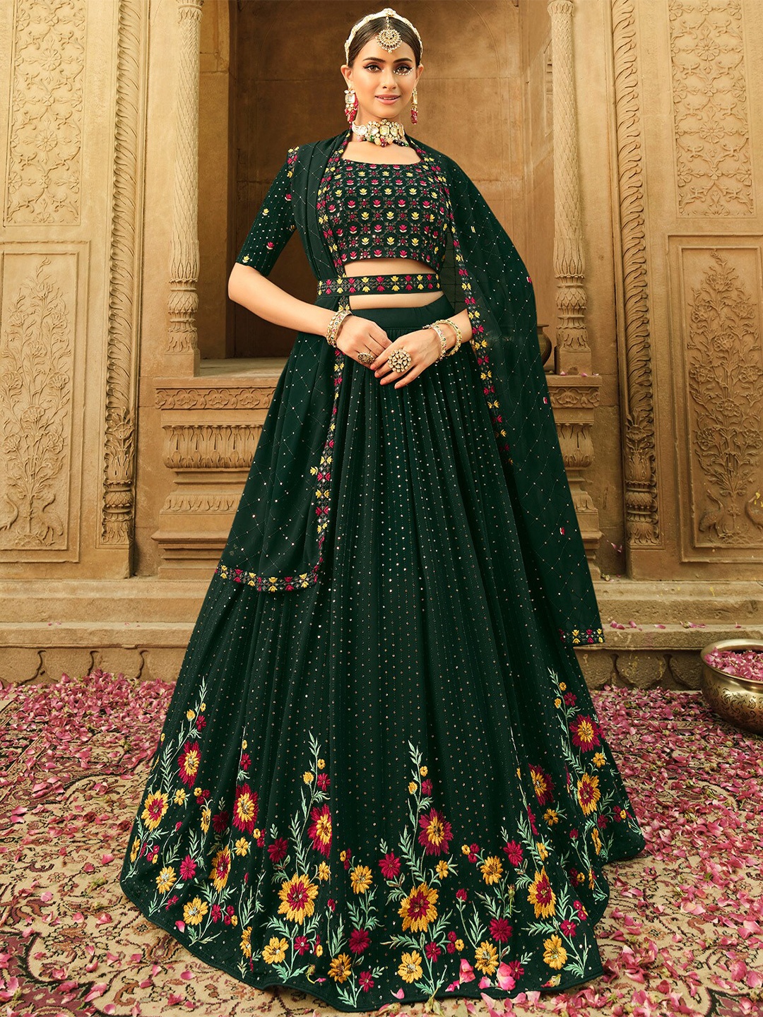 

ODETTE Embroidered Semi-Stitched Lehenga & Unstitched Blouse With Dupatta, Green