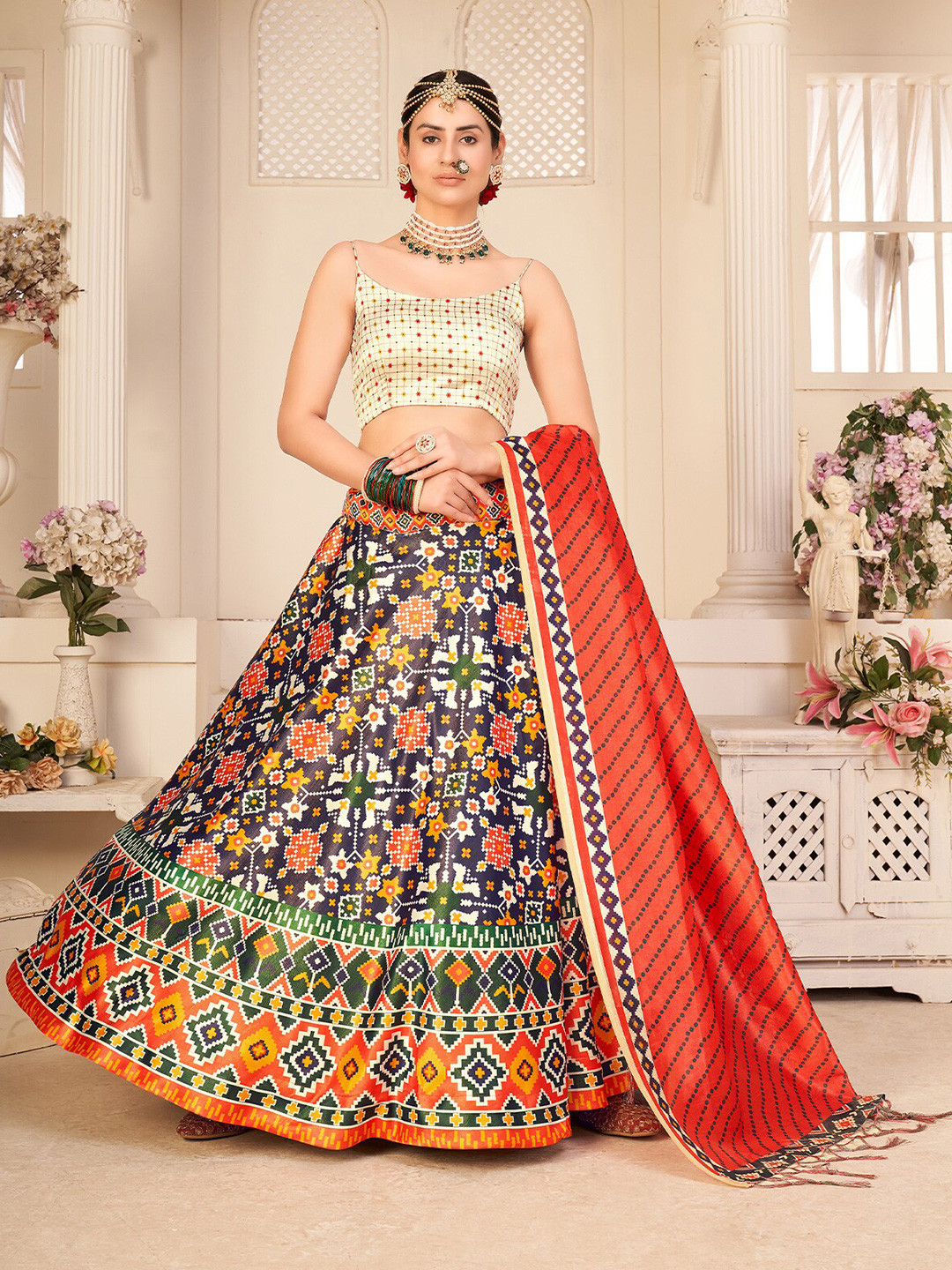 

ODETTE Printed Semi-Stitched Lehenga & Unstitched Blouse With Dupatta, Orange