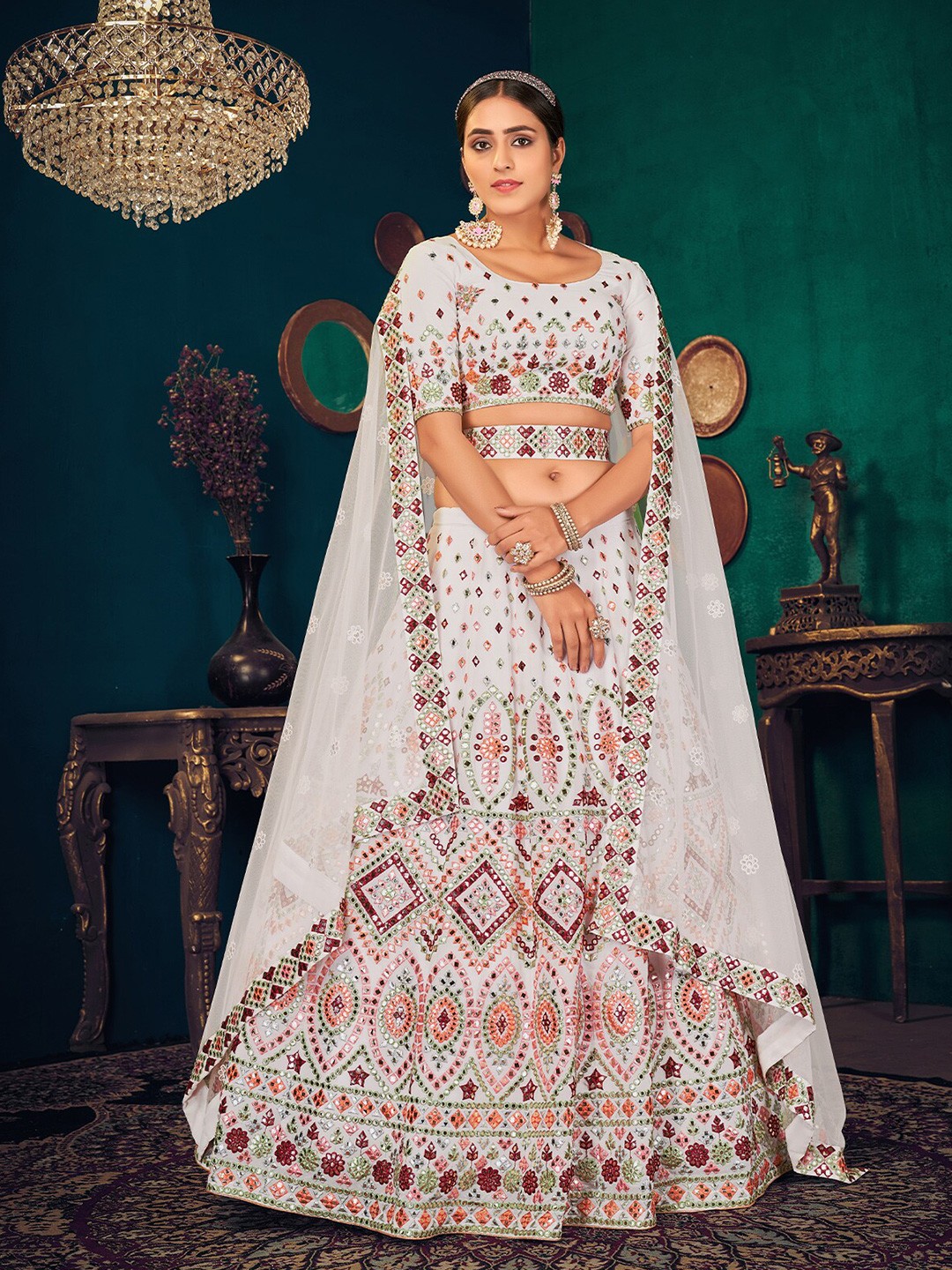 

ODETTE Mirror Work Embroidered Semi-Stitched Lehenga & Unstitched Blouse With Dupatta, White