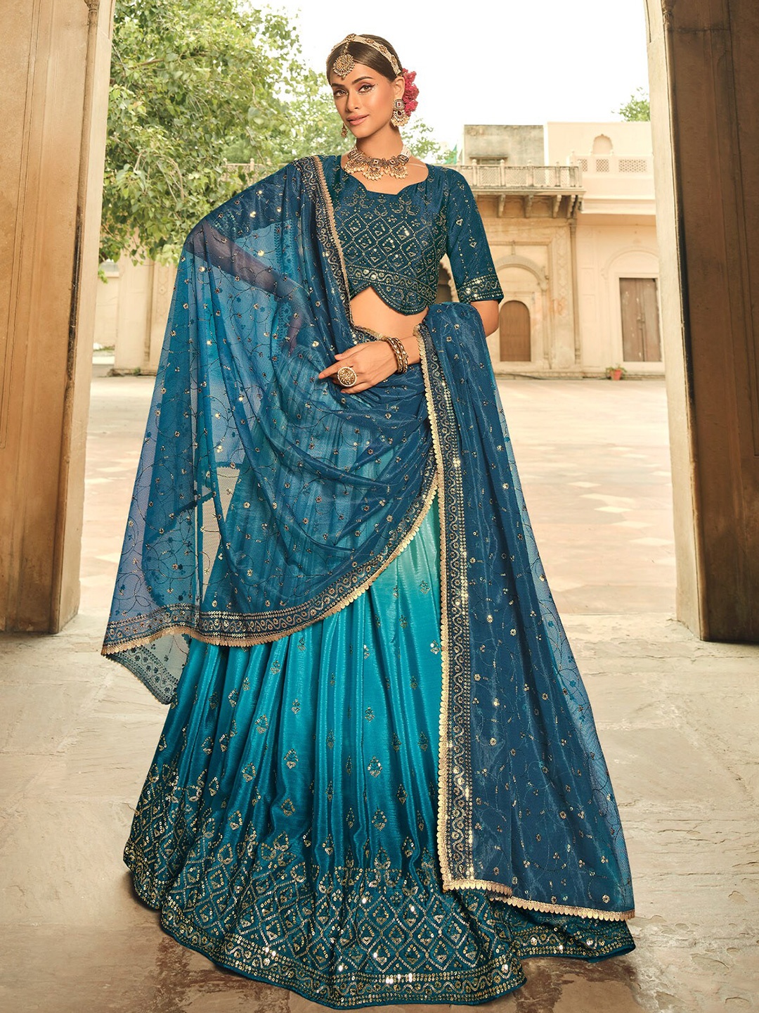 

ODETTE Sequinned Silk Semi-Stitched Lehenga & Unstitched Blouse With Dupatta, Blue