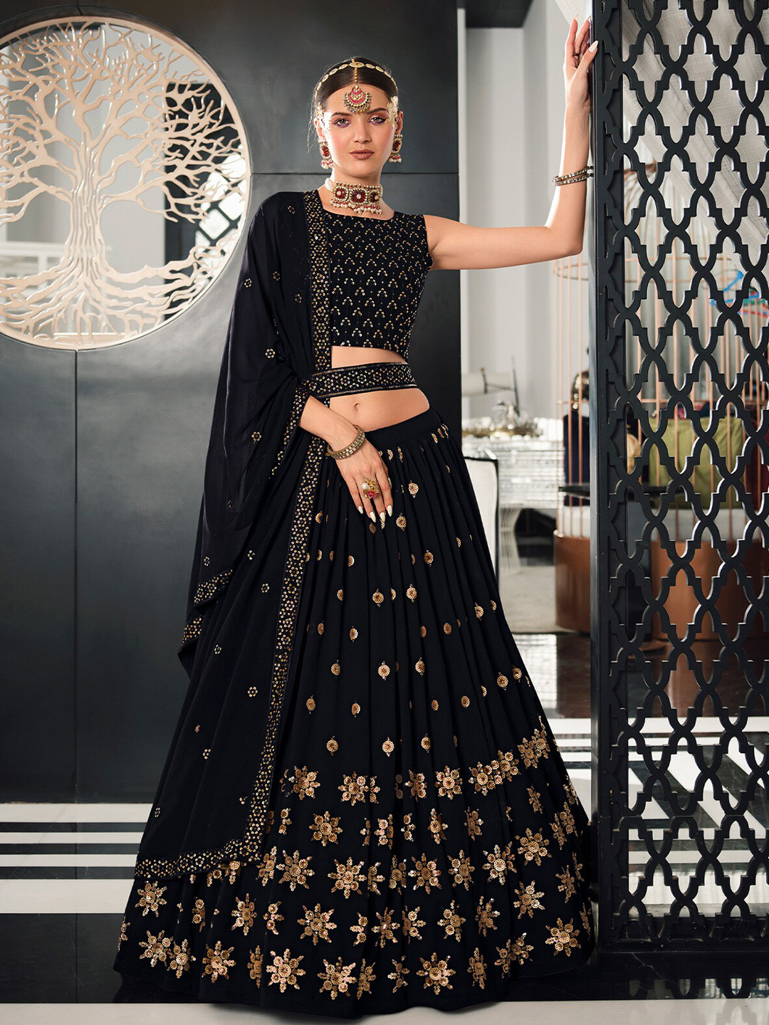 

ODETTE Embellished Sequinned Semi-Stitched Lehenga & Unstitched Blouse With Dupatta, Navy blue