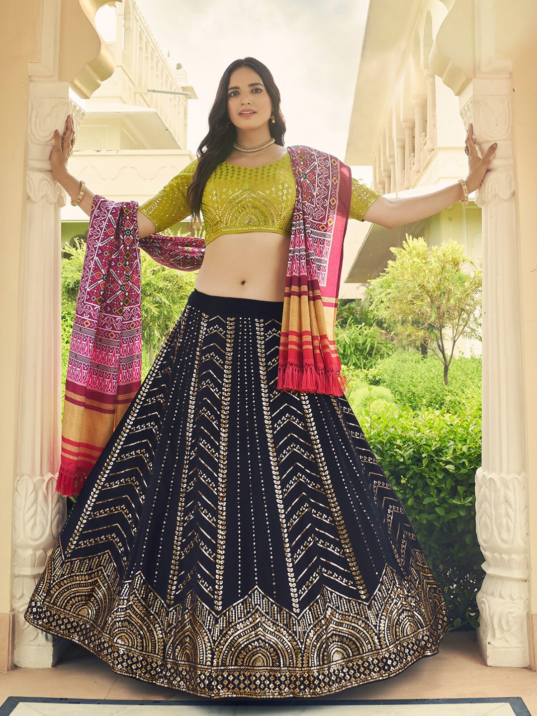 

ODETTE Sequinned Semi-Stitched Lehenga & Unstitched Blouse With Dupatta, Navy blue