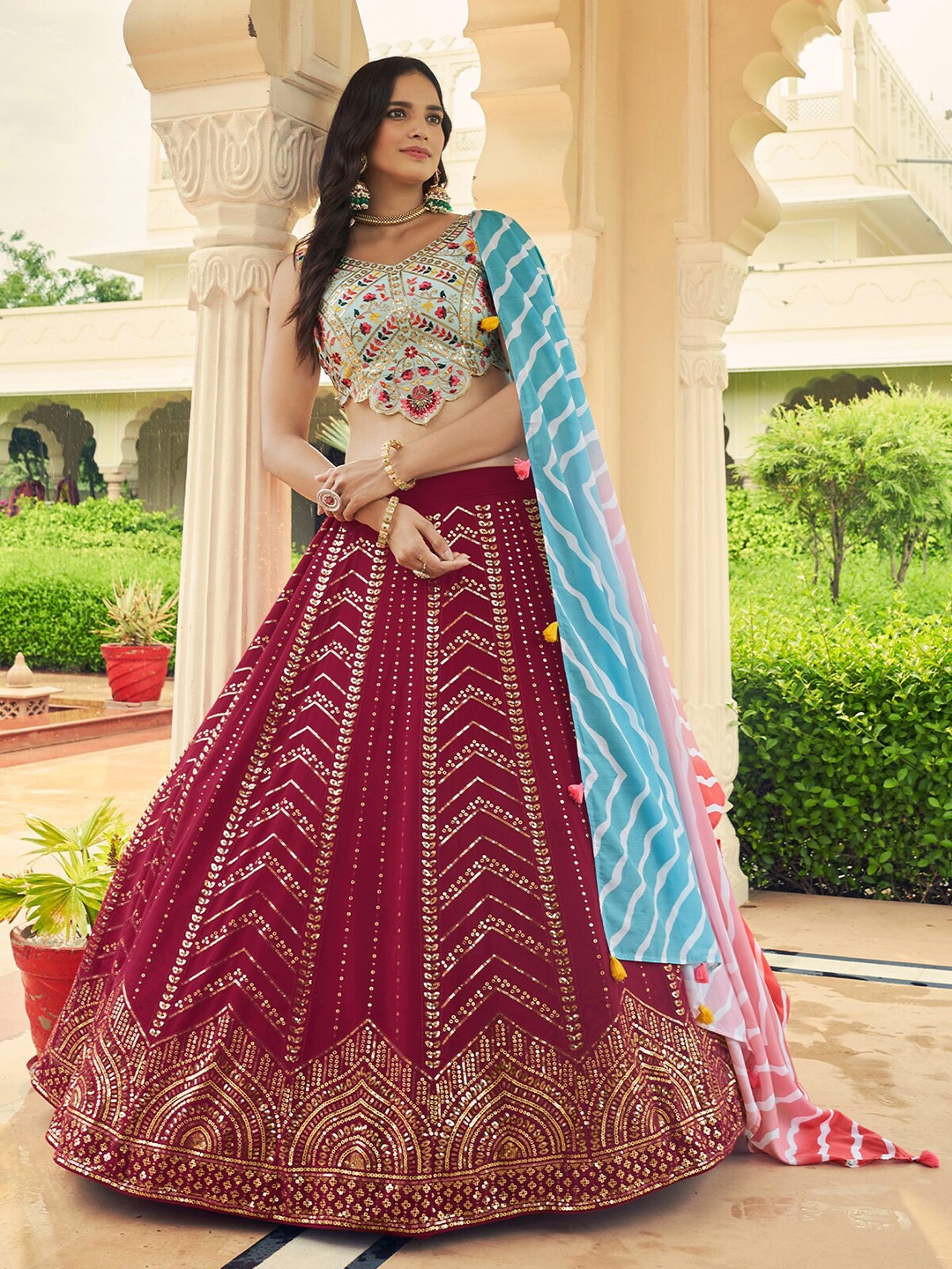 

ODETTE Embroidered Semi-Stitched Lehenga & Unstitched Blouse With Dupatta, Pink