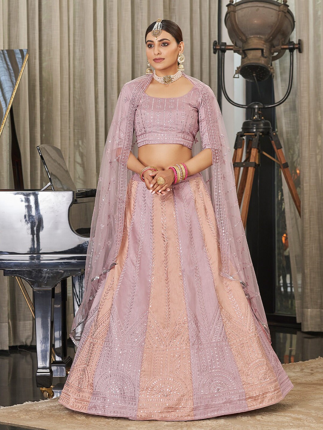 

ODETTE Embroidered Semi-Stitched Lehenga & Unstitched Blouse With Dupatta, Pink