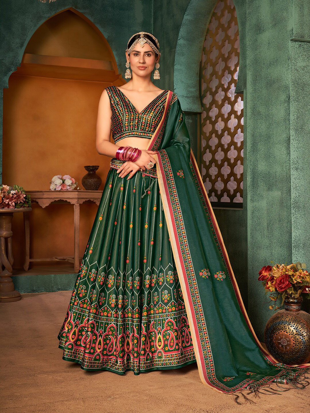 

ODETTE Printed Semi-Stitched Lehenga & Unstitched Blouse With Dupatta, Green
