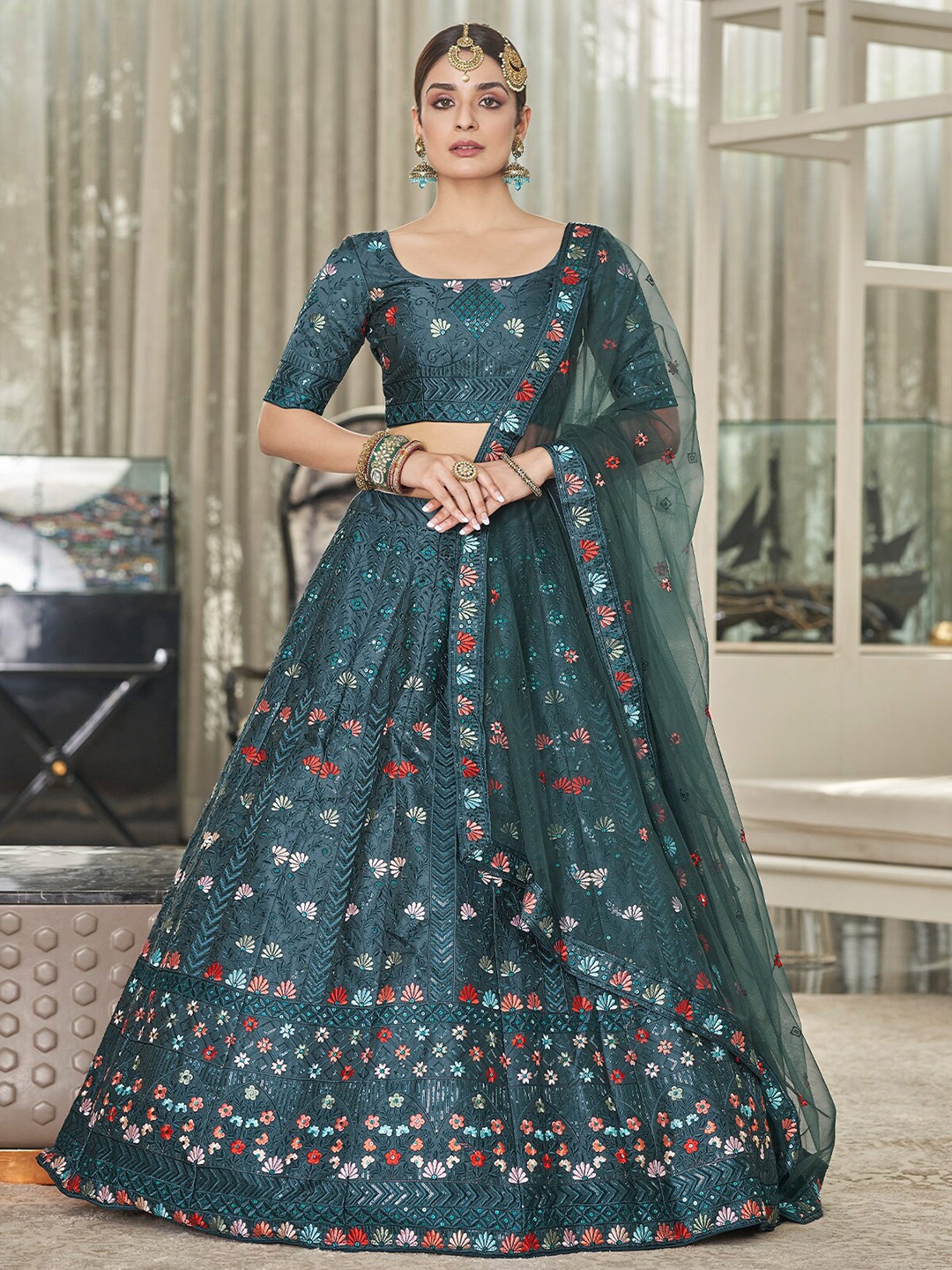 

ODETTE Embroidered Semi-Stitched Lehenga & Unstitched Blouse With Dupatta, Teal