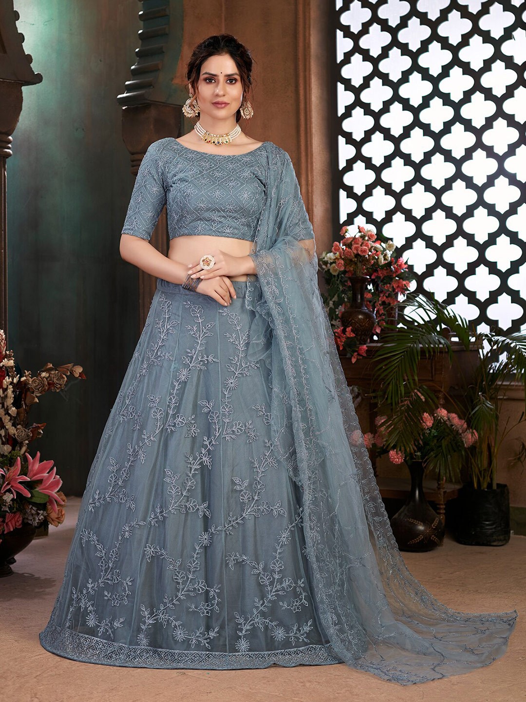 

ODETTE Embroidered Semi-Stitched Lehenga & Unstitched Blouse With Dupatta, Grey