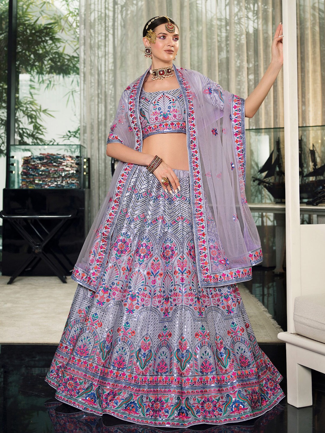 

ODETTE Silk Thread Work Semi-Stitched Lehenga & Unstitched Blouse With Dupatta, Lavender