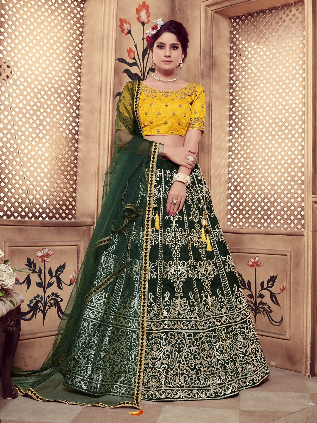 

ODETTE Thread Work Semi-Stitched Lehenga & Unstitched Blouse With Dupatta, Green