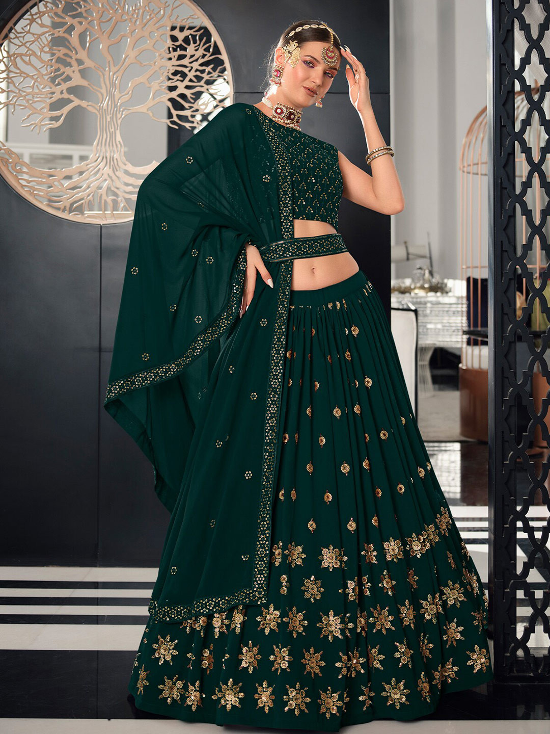 

ODETTE Embroidered Sequinned Semi-Stitched Lehenga & Unstitched Blouse With Dupatta, Green