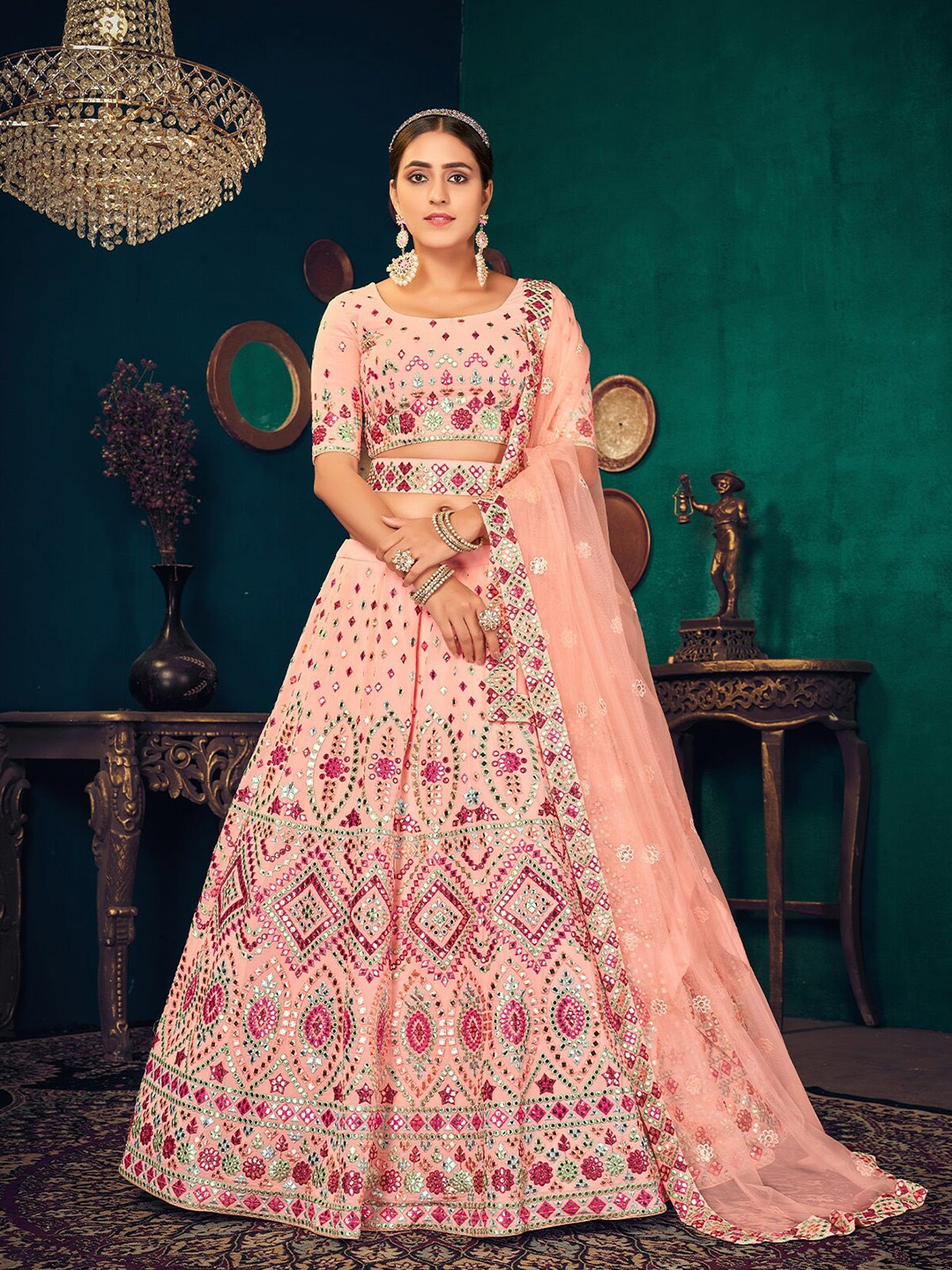 

ODETTE Thread Work Semi-Stitched Lehenga & Unstitched Blouse With Dupatta, Peach