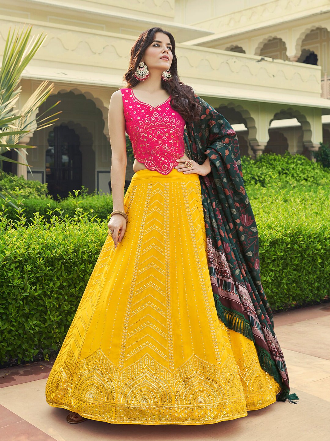 

ODETTE Embroidered Semi-Stitched Lehenga & Unstitched Blouse With Dupatta, Yellow
