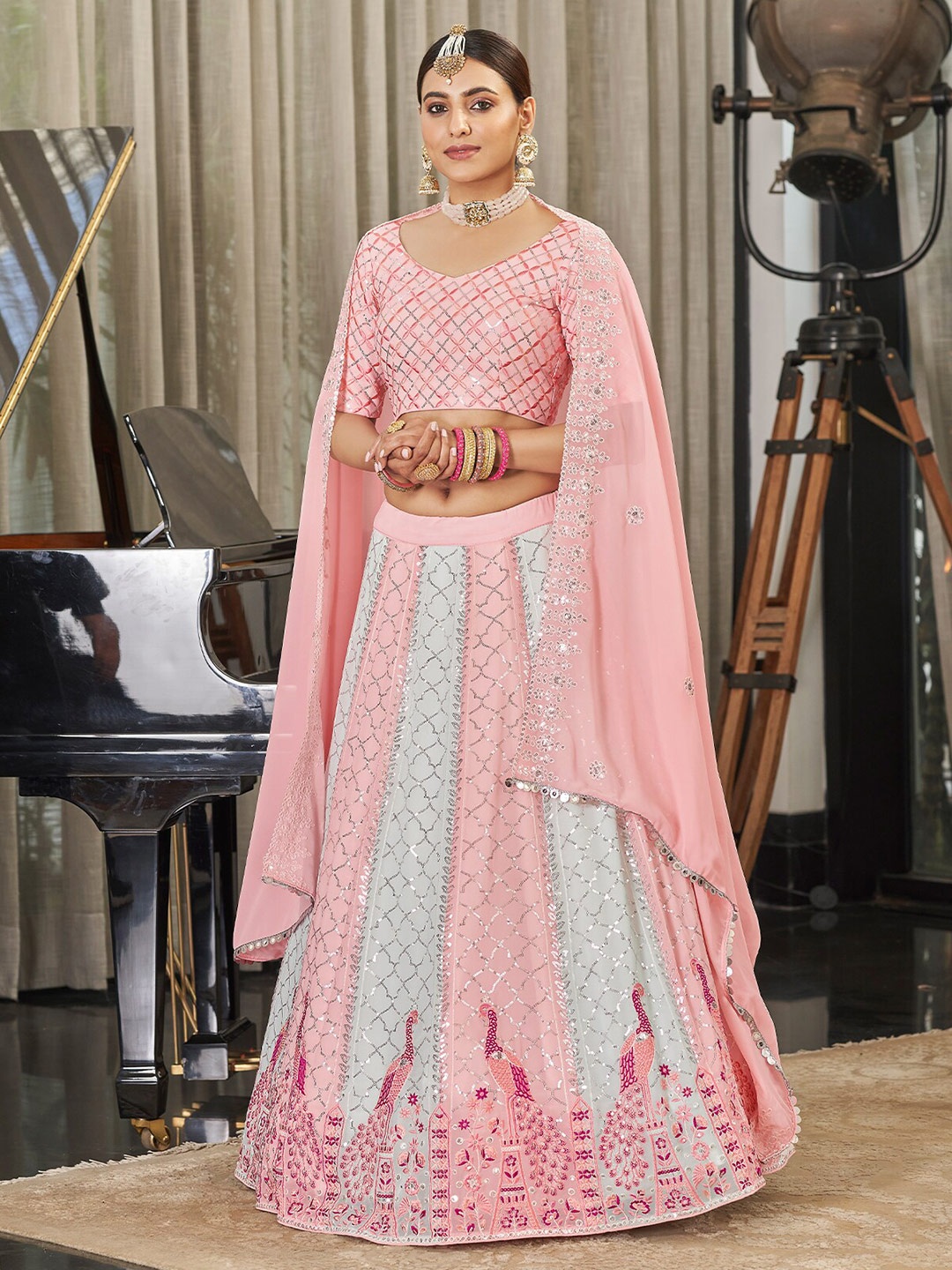 

ODETTE Embroidered Semi-Stitched Lehenga & Unstitched Blouse With Dupatta, Pink