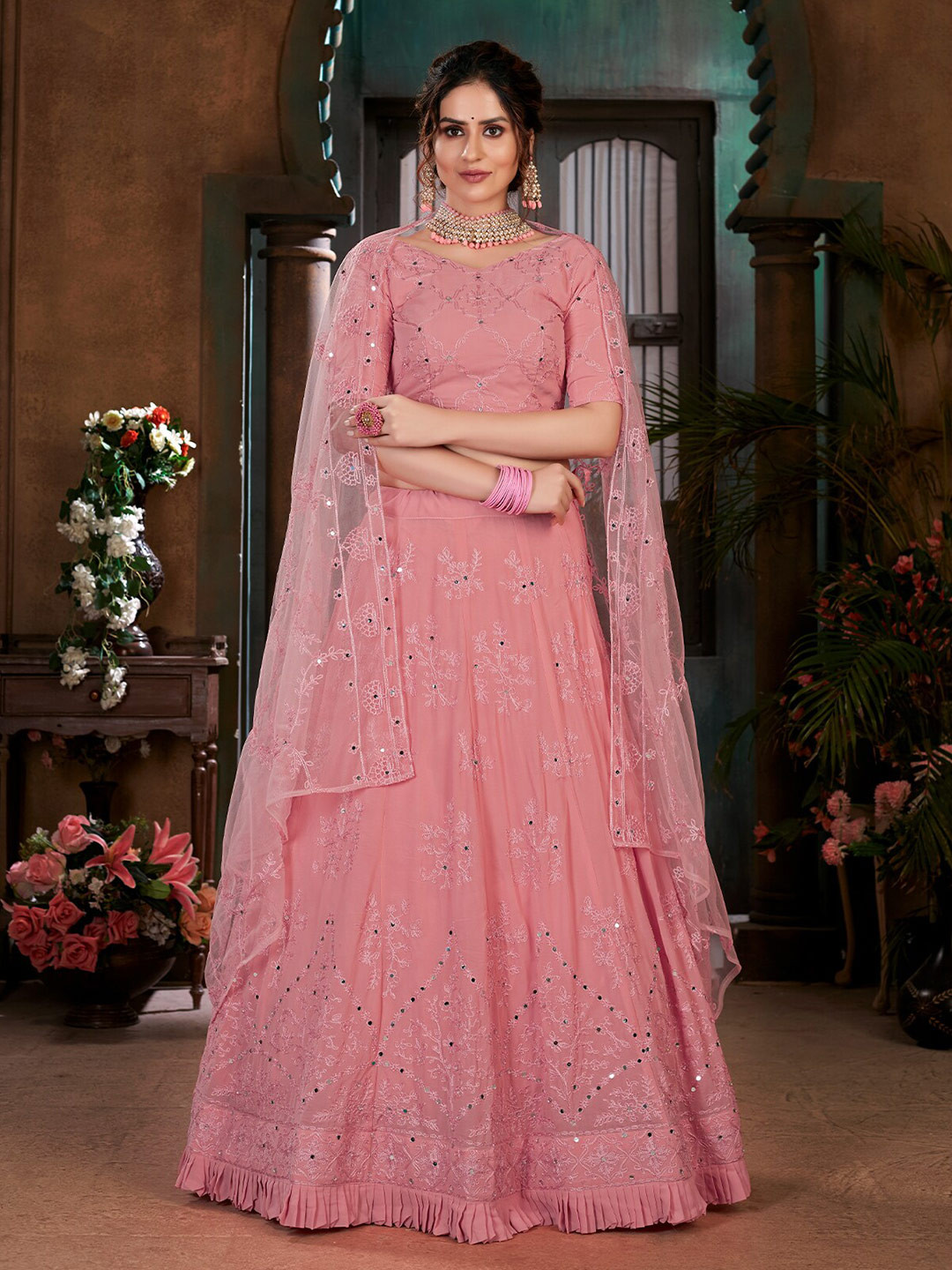 

ODETTE Embellished Mirror Work Semi-Stitched Lehenga & Unstitched Blouse With Dupatta, Pink