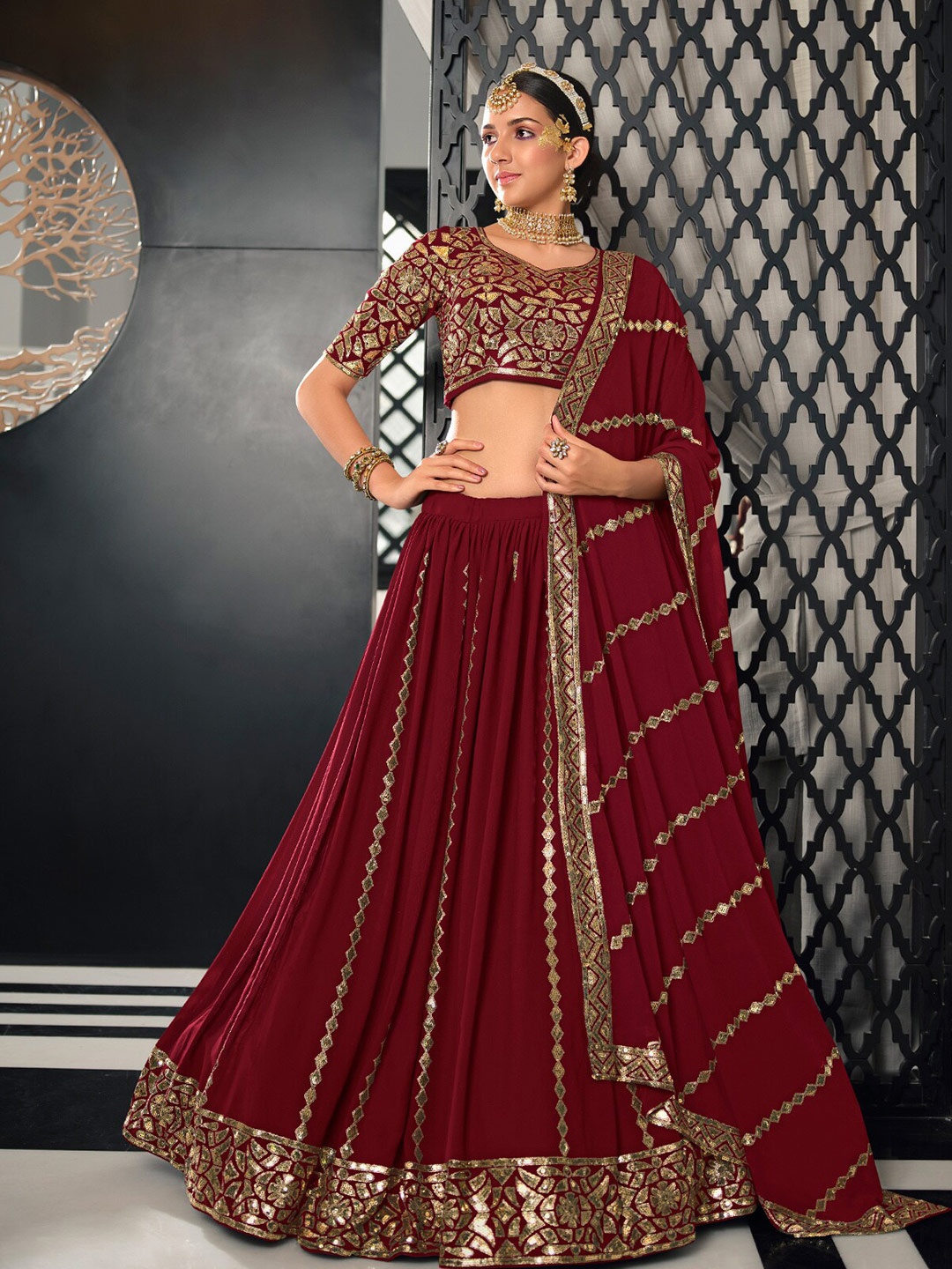 

ODETTE Sequinned Semi-Stitched Lehenga & Unstitched Blouse With Dupatta, Maroon