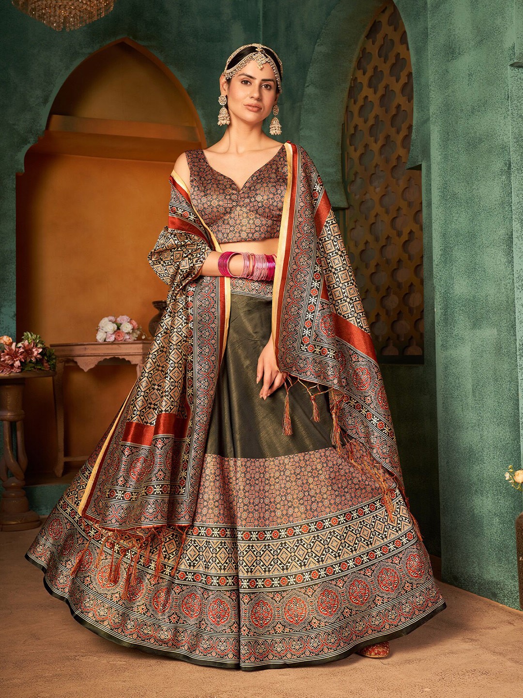 ODETTE Printed Semi-Stitched Lehenga & Unstitched Blouse With Dupatta, Olive