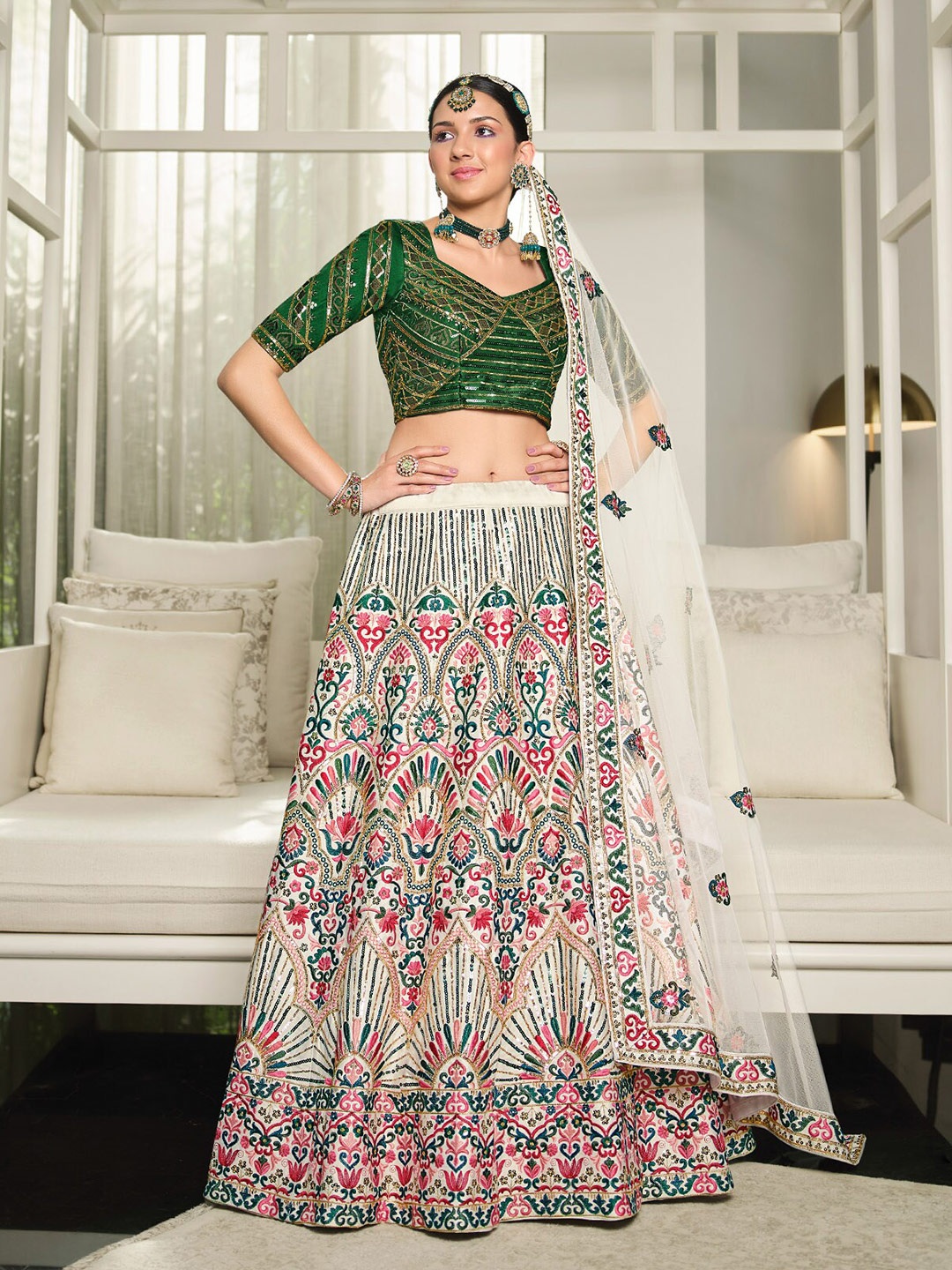 

ODETTE Thread Work Silk Semi-Stitched Lehenga & Unstitched Blouse With Dupatta, White