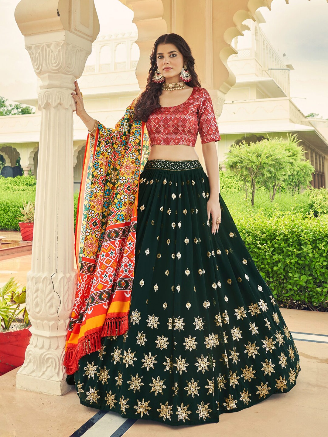 

ODETTE Embroidered Sequinned Semi-Stitched Lehenga & Unstitched Blouse With Dupatta, Green