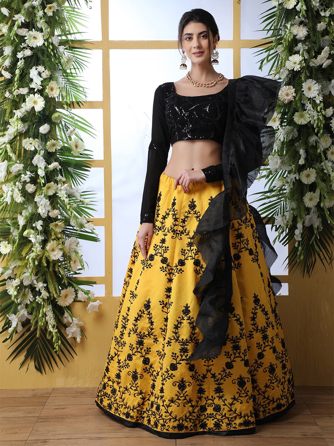 

ODETTE Embroidered Semi-Stitched Lehenga & Unstitched Blouse With Dupatta, Black