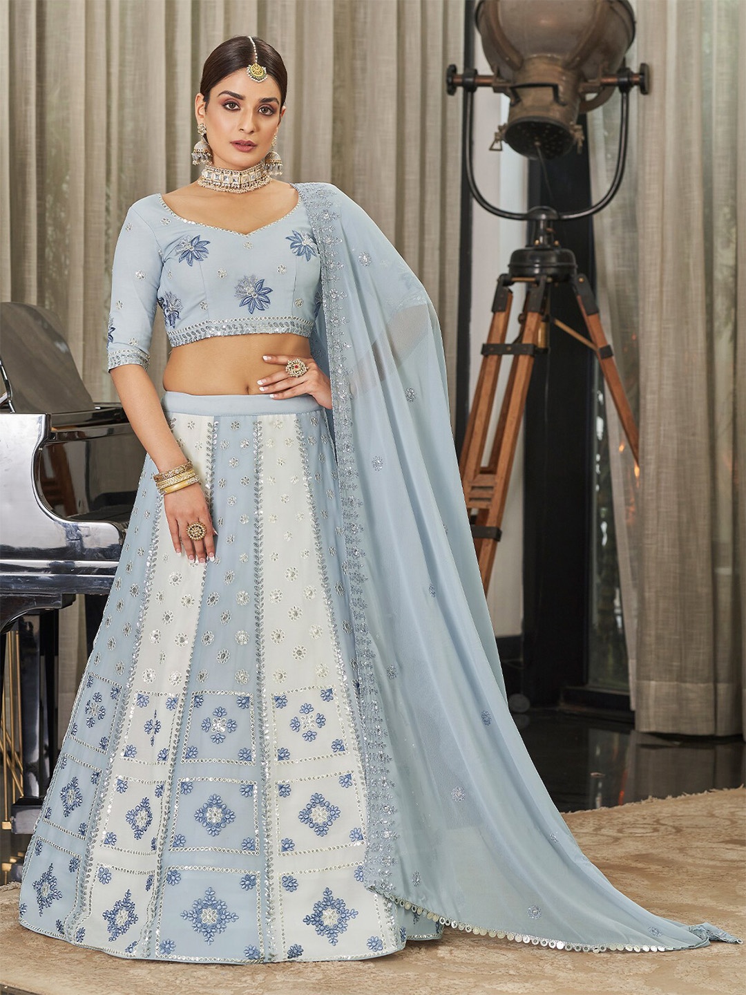 

ODETTE Embellished Semi-Stitched Lehenga & Unstitched Blouse With Dupatta, White