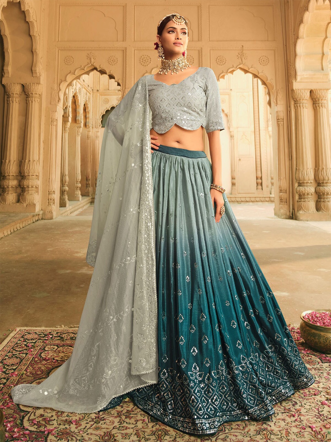 

ODETTE Embellished Sequinned Semi-Stitched Lehenga & Unstitched Blouse With Dupatta, Grey