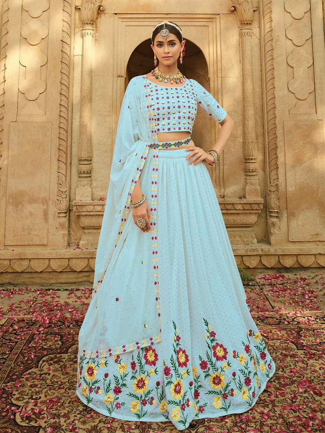 

ODETTE Embroidered Semi-Stitched Lehenga & Unstitched Blouse With Dupatta, Blue