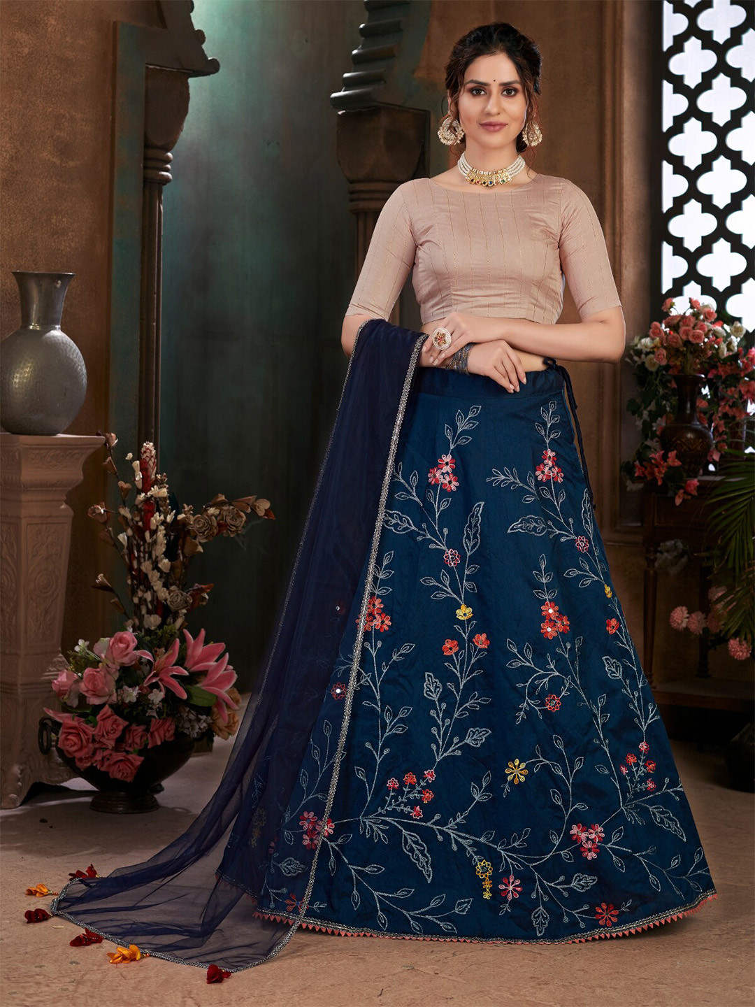

ODETTE Embroidered Thread Work Semi-Stitched Lehenga & Unstitched Blouse With Dupatta, Navy blue
