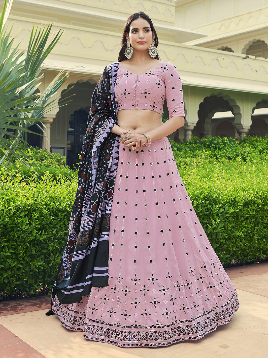 

ODETTE Embroidered Semi-Stitched Lehenga & Unstitched Blouse With Dupatta, Pink