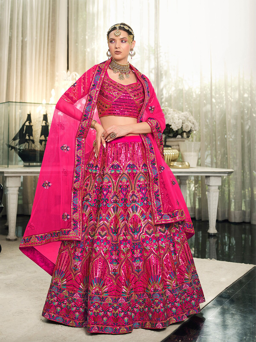 

ODETTE Embroidered Sequinned Semi-Stitched Lehenga & Unstitched Blouse With Dupatta, Pink