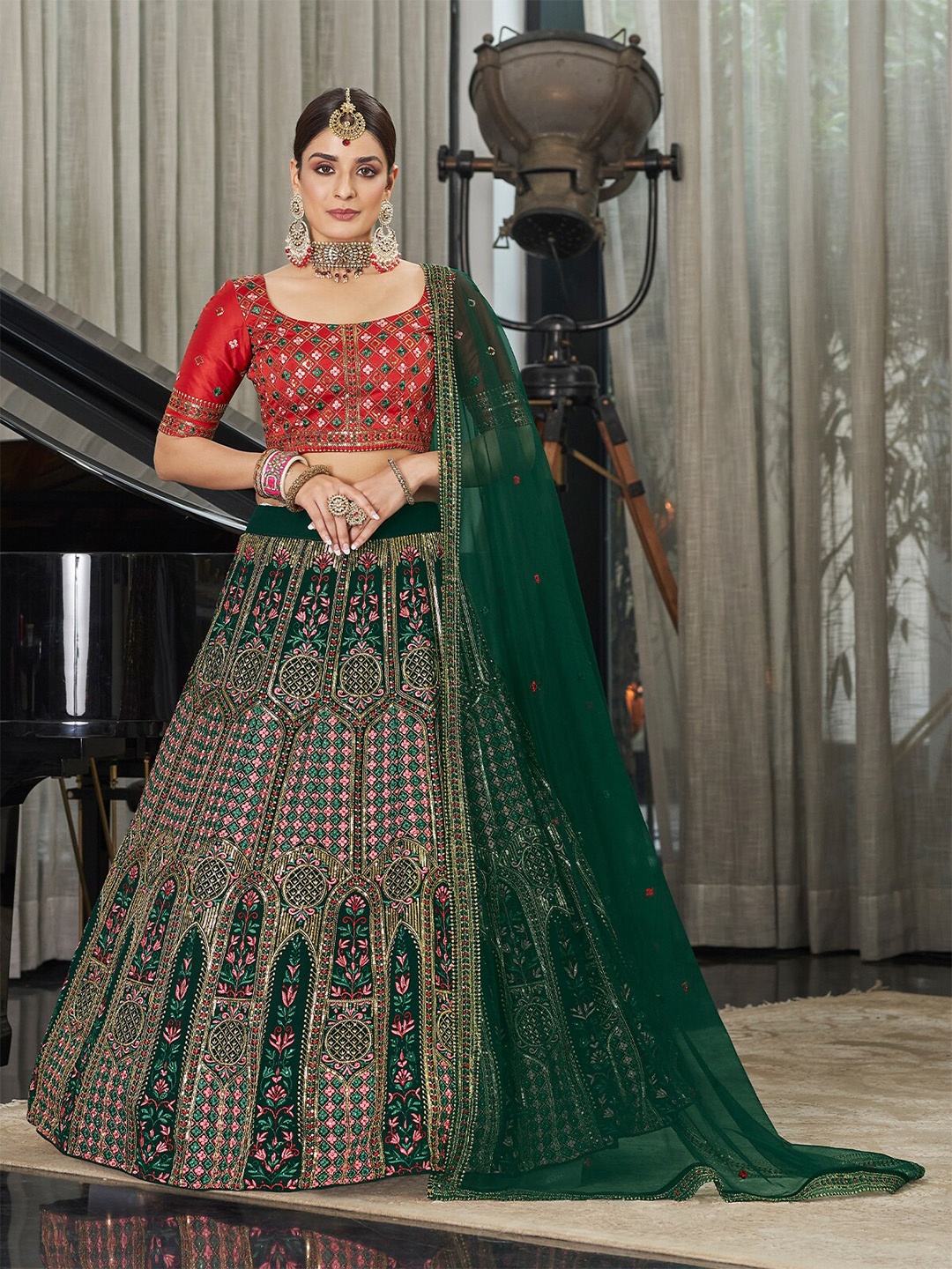 

ODETTE Embroidered Thread Work Semi-Stitched Lehenga & Unstitched Blouse With Dupatta, Green