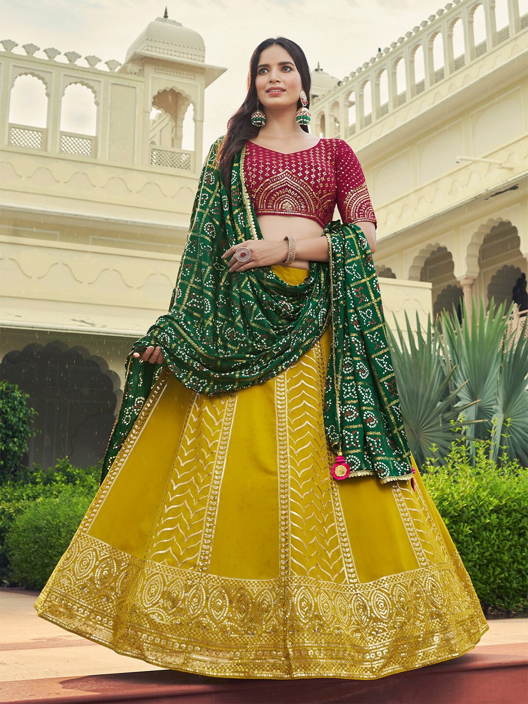 

ODETTE Embroidered Semi-Stitched Lehenga & Unstitched Blouse With Dupatta, Mustard