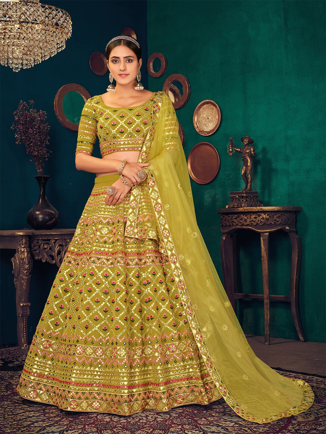 

ODETTE Embroidered Semi-Stitched Lehenga & Unstitched Blouse With Dupatta, Olive