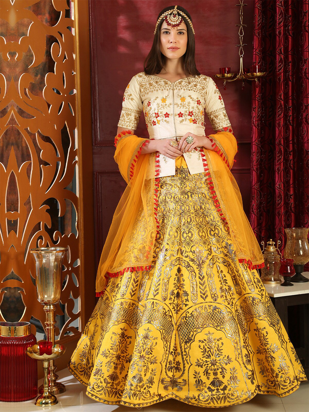 

ODETTE Embroidered Thread Work Semi-Stitched Lehenga & Unstitched Blouse With, Yellow