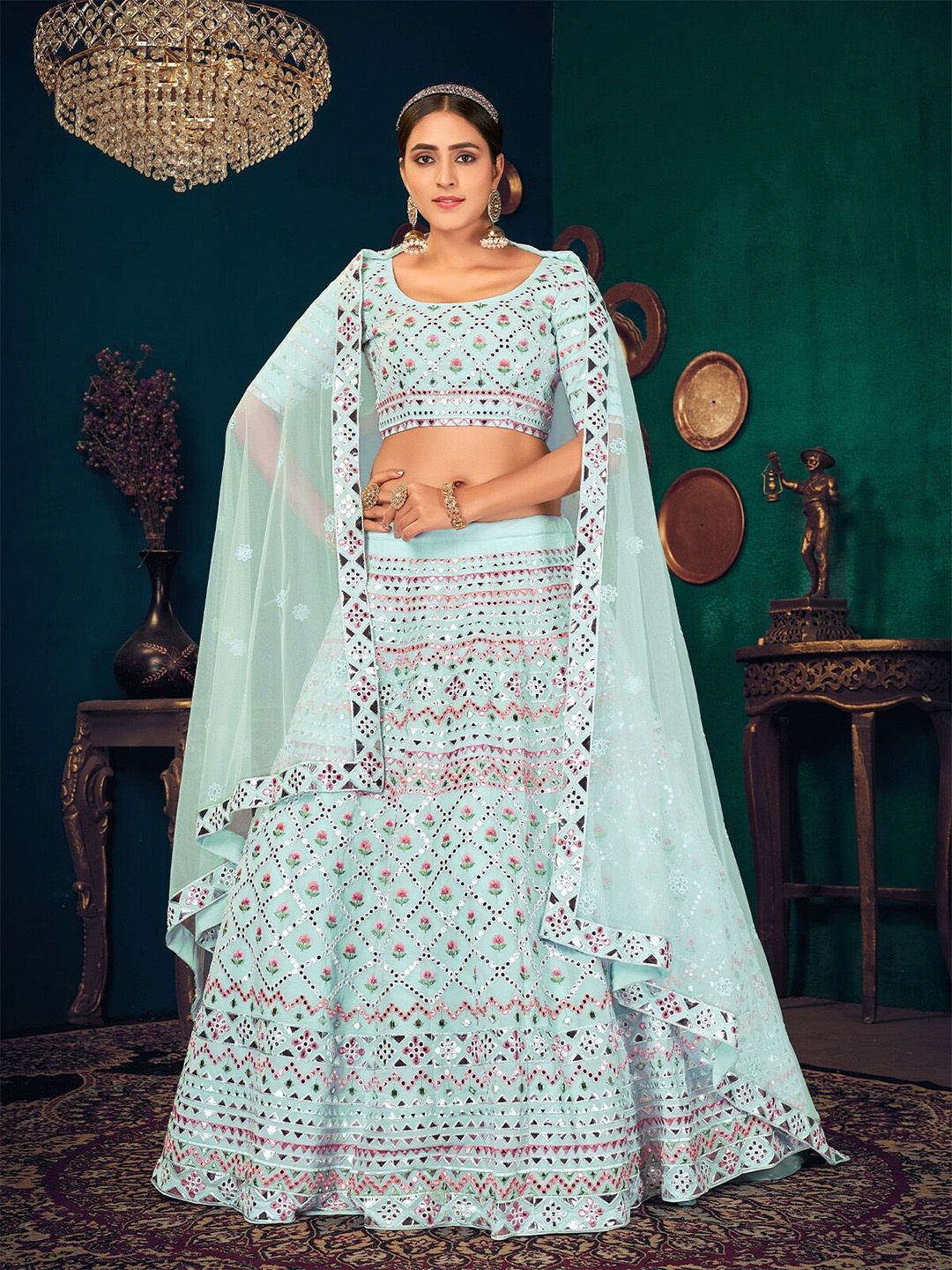 

ODETTE Embroidered Thread Work Semi-Stitched Lehenga & Unstitched Blouse With Dupatta, Blue