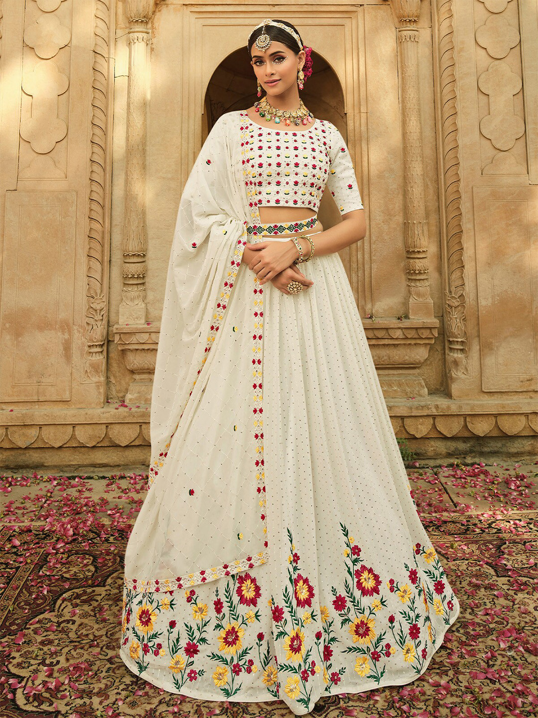 

ODETTE Embroidered Semi-Stitched Lehenga & Unstitched Blouse With Dupatta, White