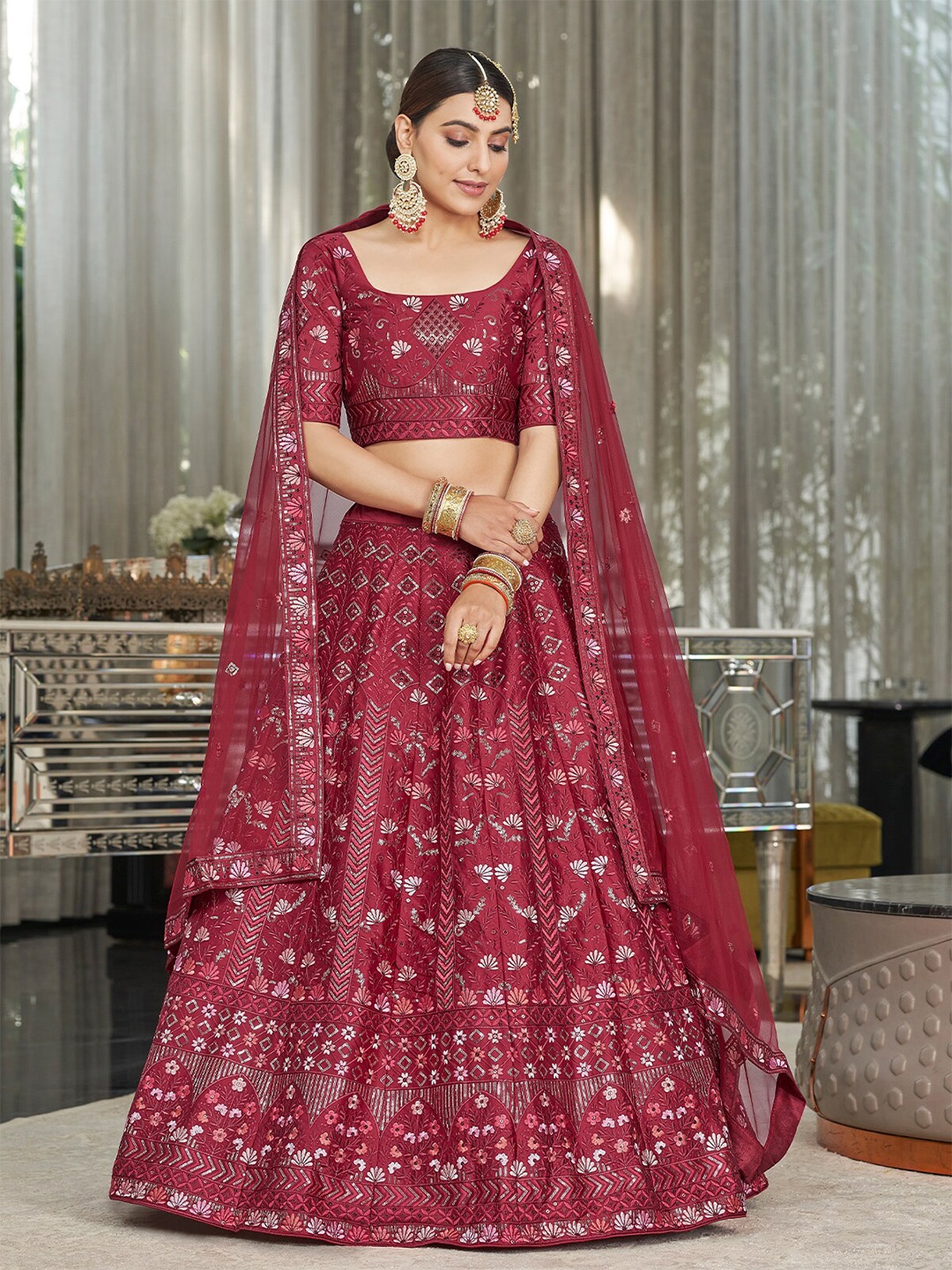 

ODETTE Embroidered Thread Work Semi-Stitched Lehenga & Unstitched Blouse With Dupatta, Maroon