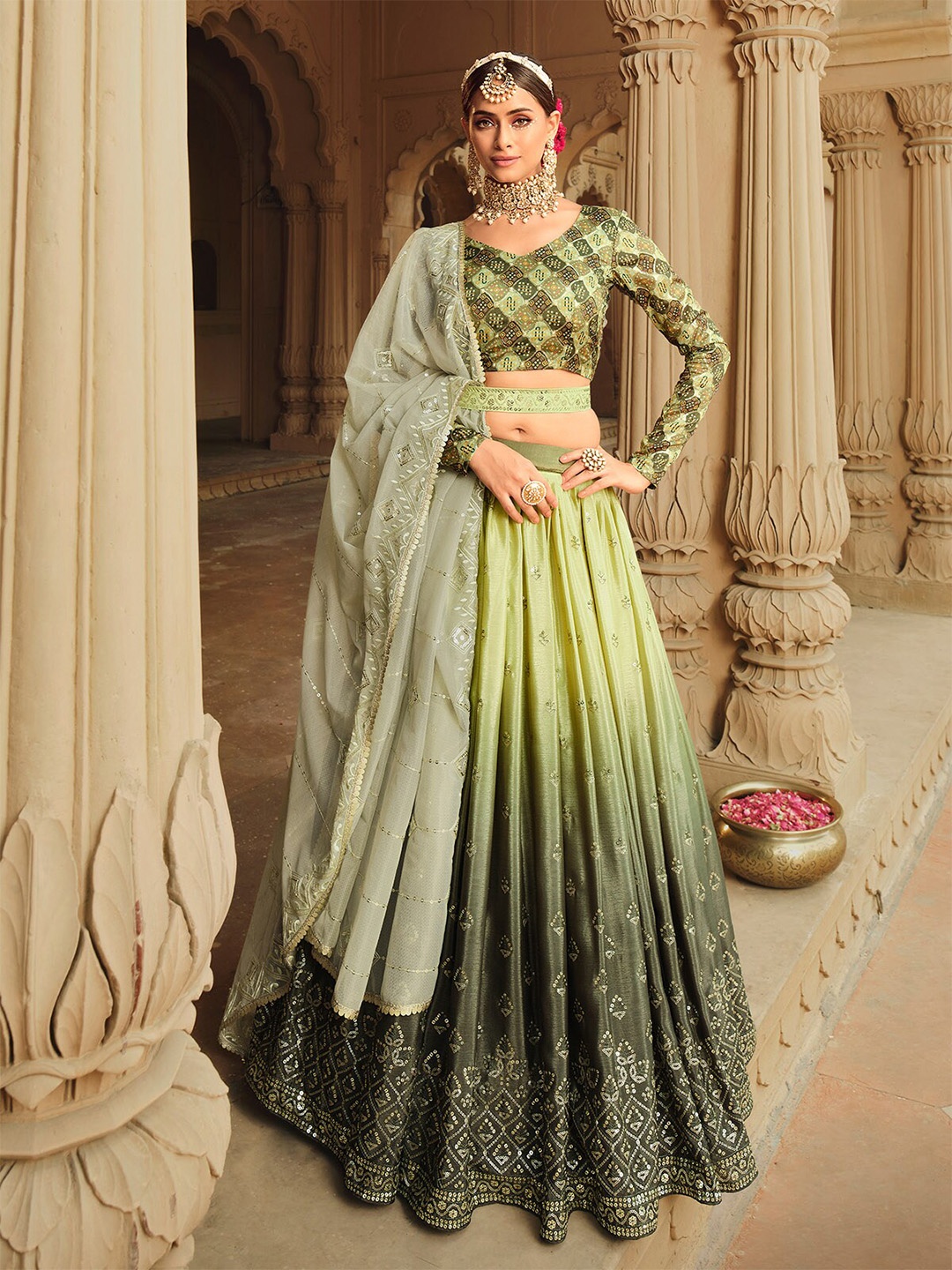 

ODETTE Embroidered Semi-Stitched Lehenga & Unstitched Blouse With Dupatta, Green