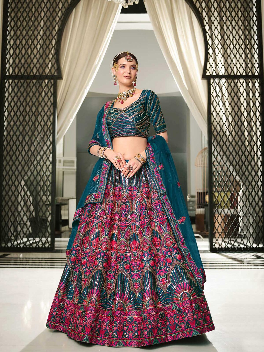 

ODETTE Embroidered Sequinned Semi-Stitched Lehenga & Unstitched Blouse With Dupatta, Teal