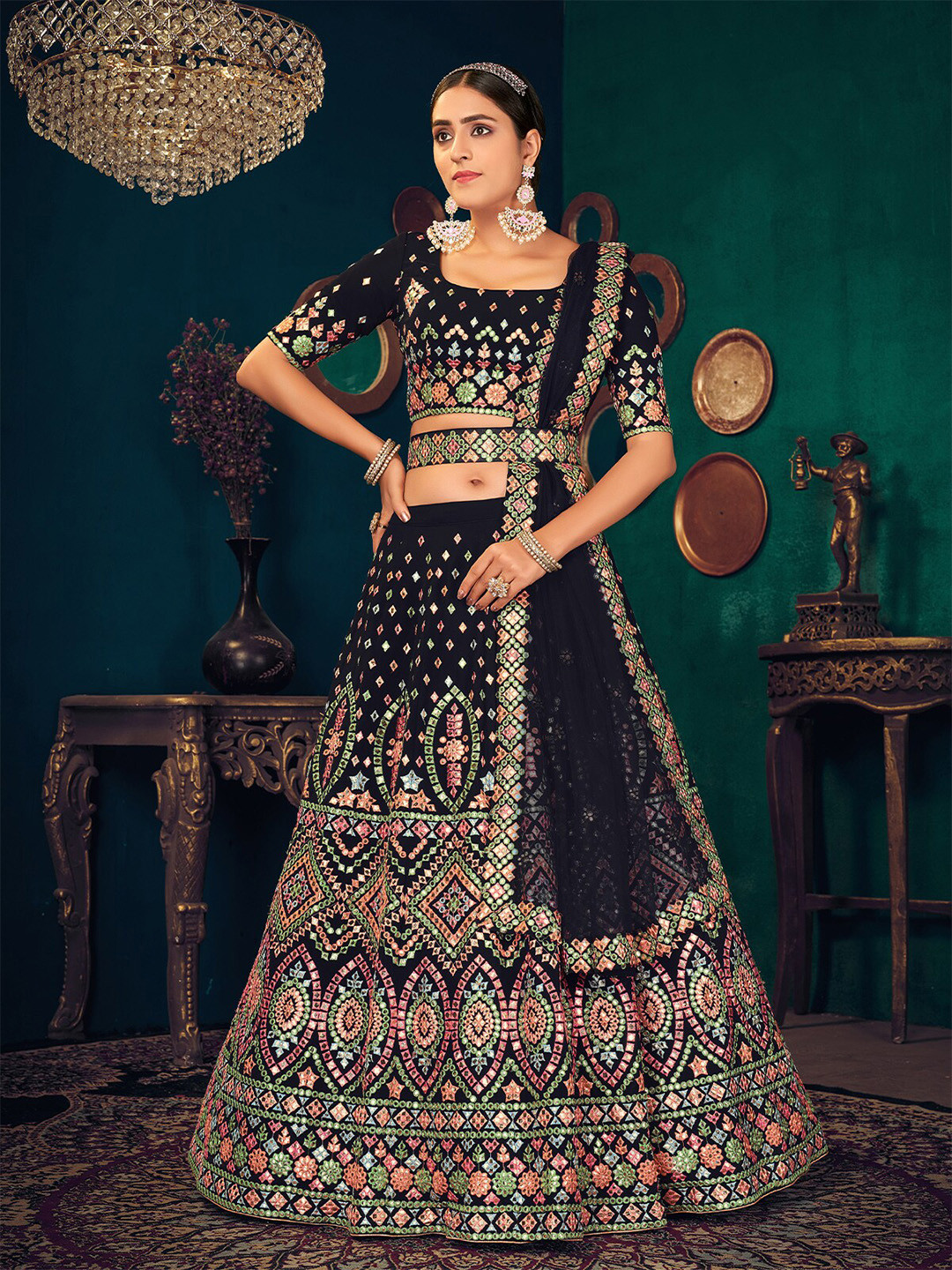 

ODETTE Embroidered Thread Work Semi-Stitched Lehenga & Unstitched Blouse With Dupatta, Navy blue