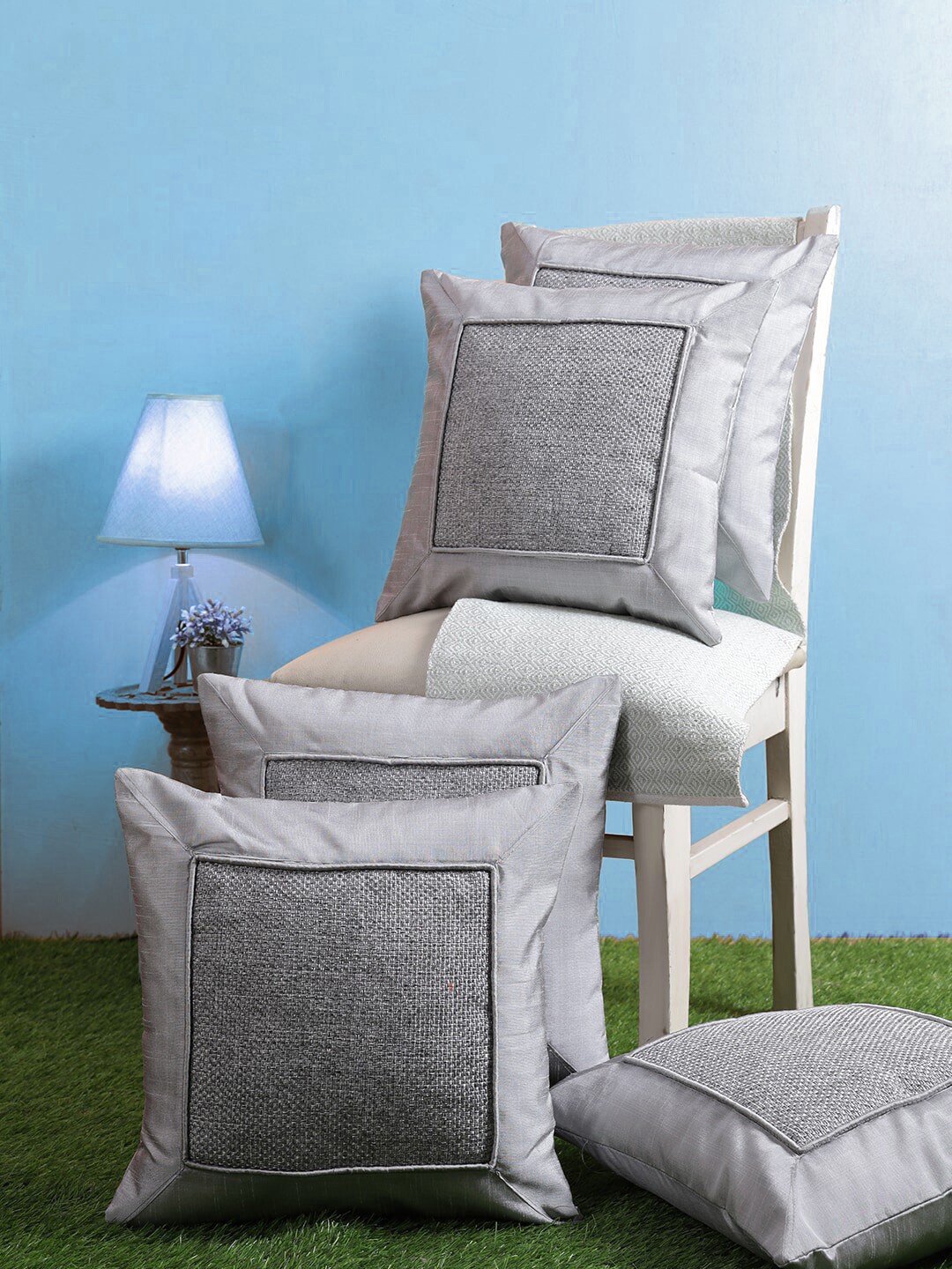 

WEAVERS VILLA Grey 5 Pieces Self Design Square Cushion Covers