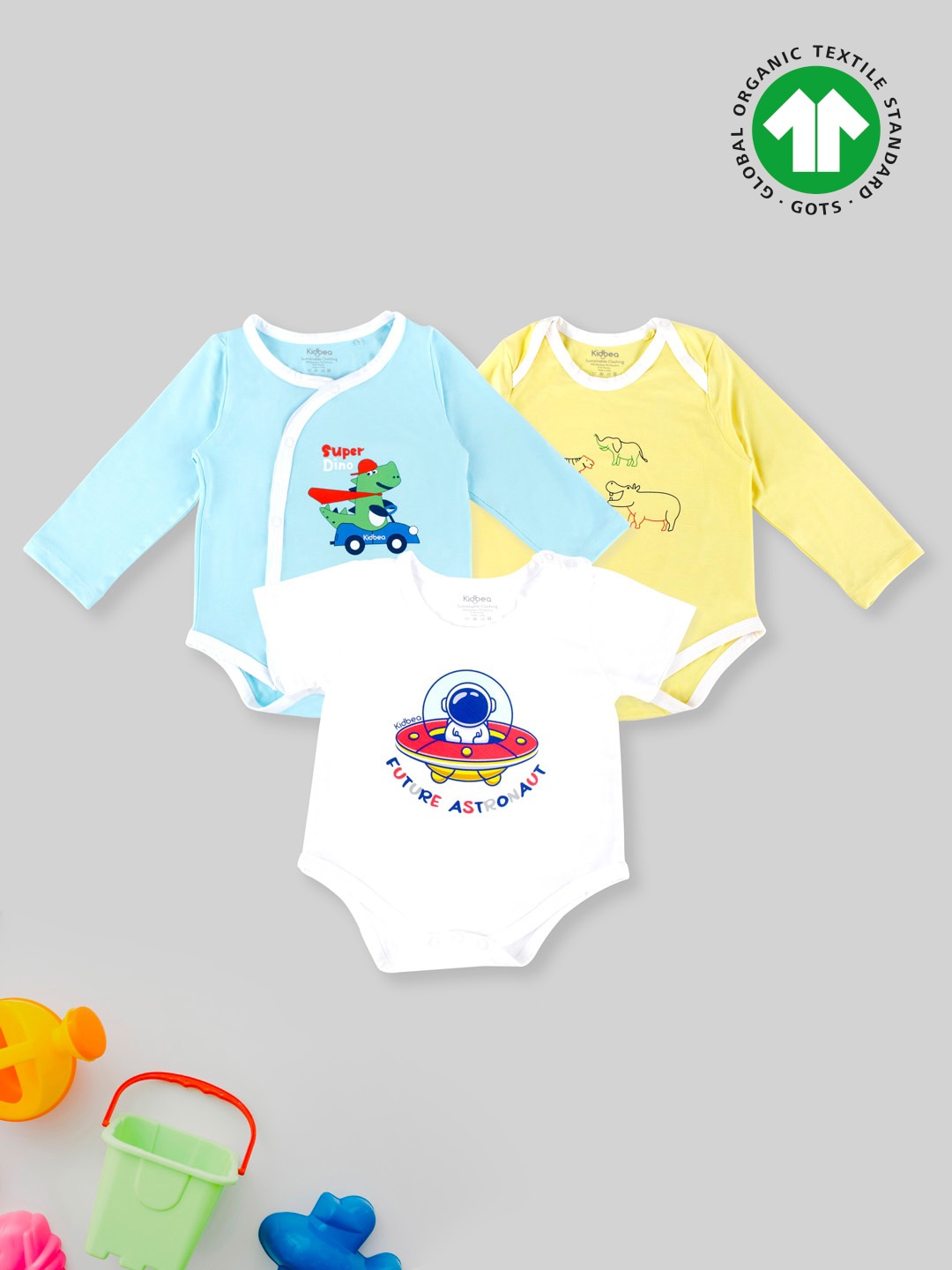 

Kidbea Infant Boys Pack Of 3 Graphic Printed Bamboo Rompers, Blue