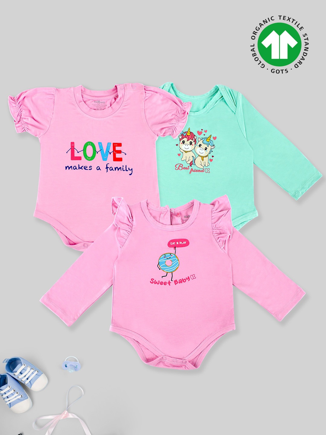 

Kidbea Infant Girls Pack Of 3 Graphic Printed Bamboo Rompers, Pink