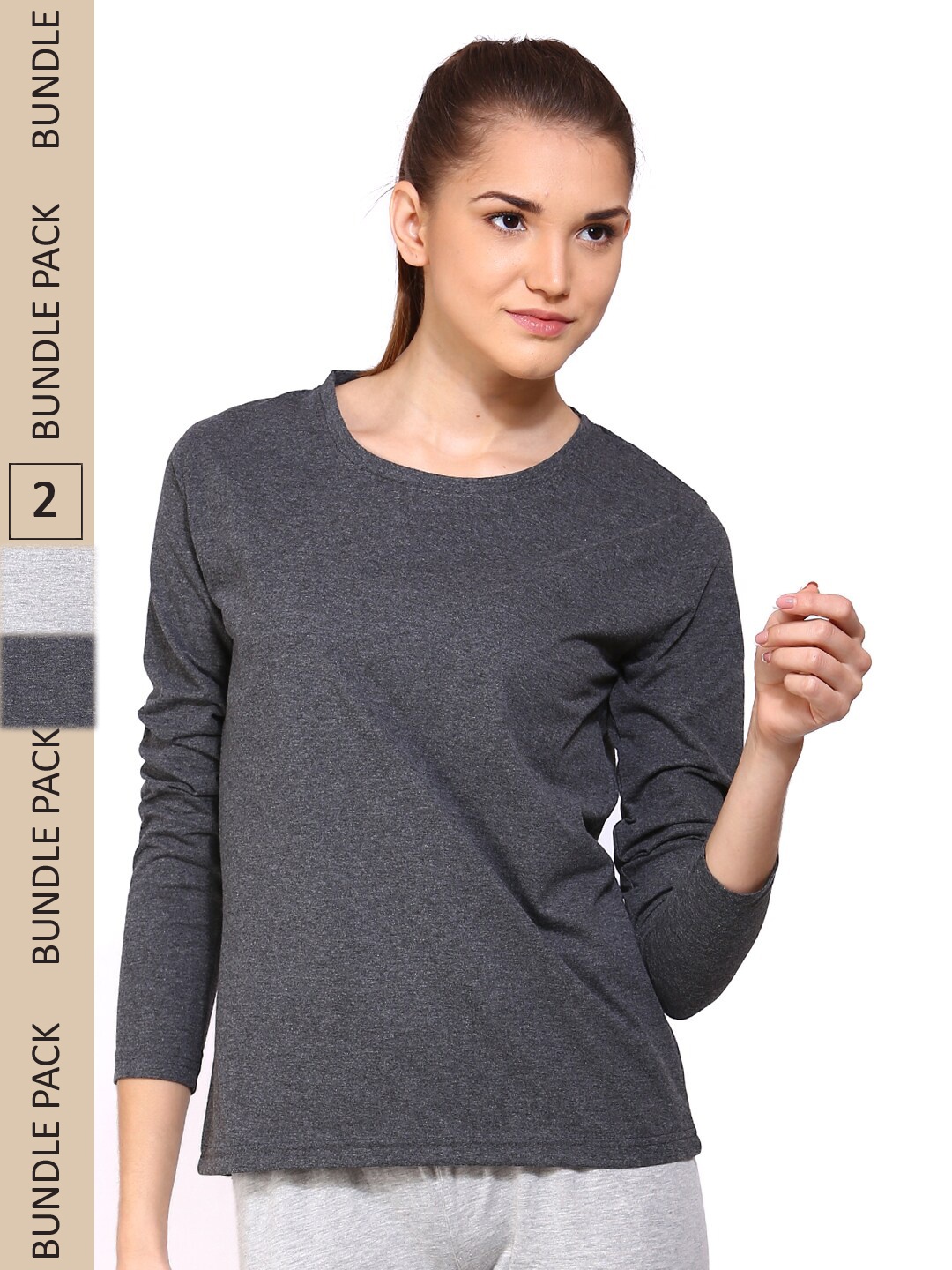

appulse Women Pack Of 2 Cotton Slim Fit T-shirt, Charcoal