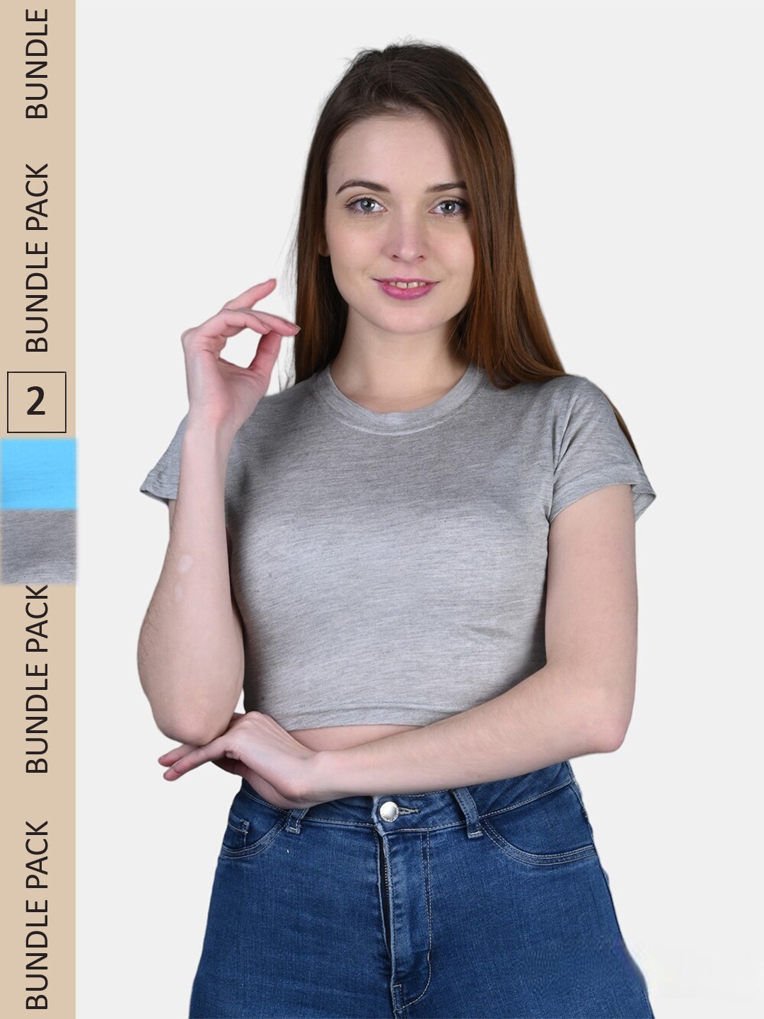 

FRENCH KLEIDER Pack Of 2 Cotton Round Neck Short Sleeves Crop Top, Grey