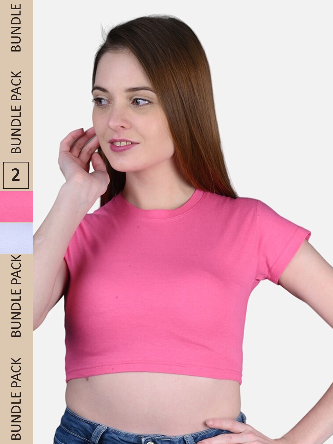 

FRENCH KLEIDER Pack Of 2 Cotton Round Neck Crop Crop Top, Pink